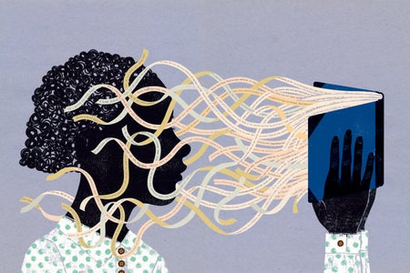 Illustration of a child holding open a book and words on thin paper are flowing out of the book.