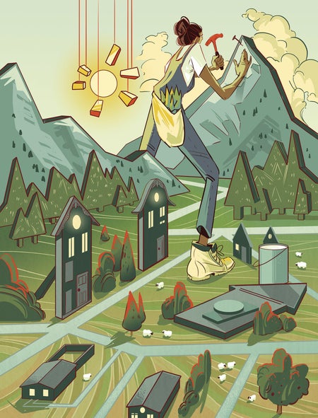 Illustration of a woman hammering a nail onto a mountain