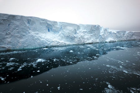 The front face of the Thwaites Ice Shelf towers up to 40 meters above the sea.