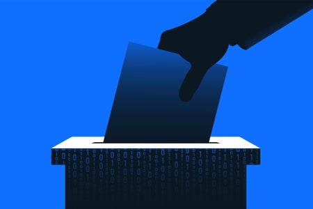 Illustration of a silhouetted hand putting ballot paper in a box covered in binary code