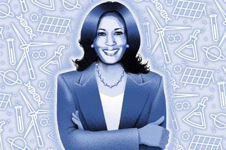 Portrait of Kamala Harris with her arms crossed, scientific symbols in background