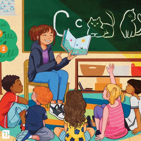 Illustration of a teacher reading a book to her students in a classroom