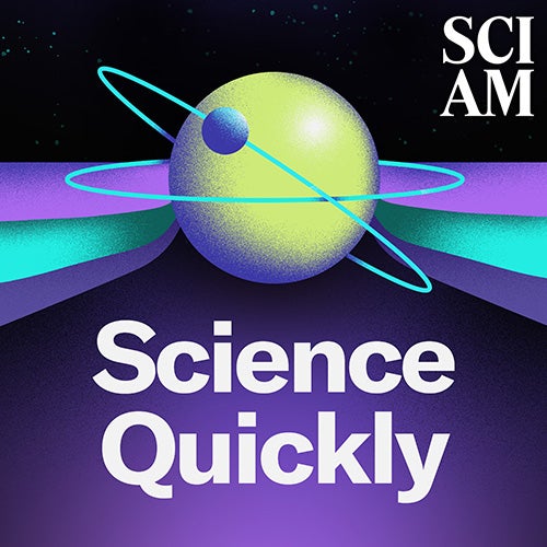 Illustration of a Bohr atom model spinning around the words Science Quickly with various science and medicine related icons around the text