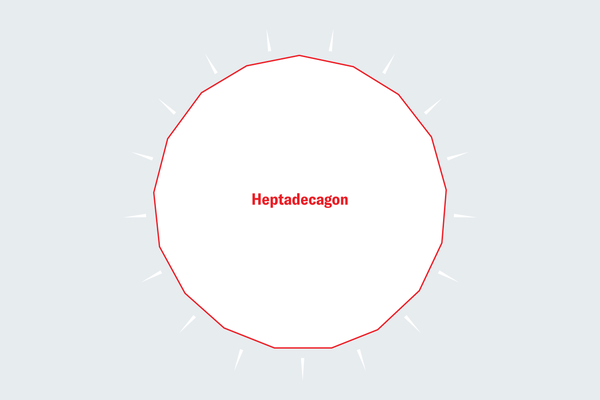 A regular polygon with 17 sides outlined in red and labeled “Heptadecagon.”