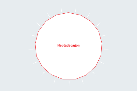 A regular polygon with 17 sides outlined in red and labeled “Heptadecagon.”