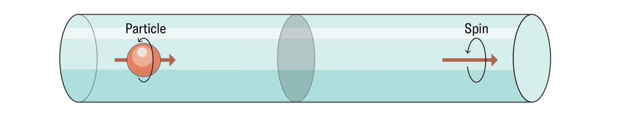 A simplified diagram presents the cylinder design for this proposed experiment, with the particle residing in a chamber at left and its spin being measured in a second chamber at right. A wall separates the two sides of this device.